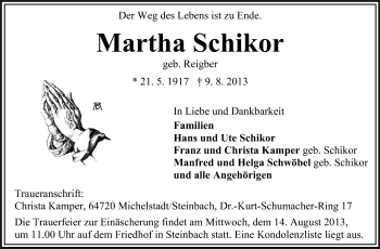 Traueranzeige von Martha Schikor von Odenwälder Echo