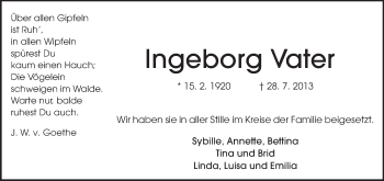 Traueranzeige von Ingeborg Vater von Starkenburger Echo