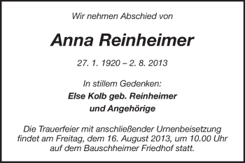Traueranzeige von Anna Reinheimer von Rüsselsheimer Echo, Groß-Gerauer-Echo, Ried Echo