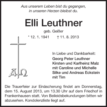 Traueranzeige von Elli Leuthner von Echo-Zeitungen (Gesamtausgabe)