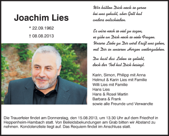 Traueranzeige von Joachim Lies von Starkenburger Echo
