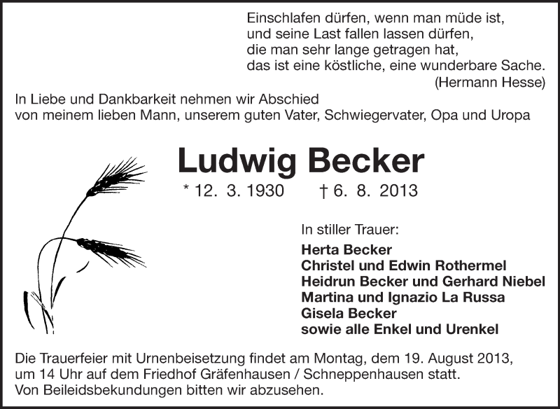  Traueranzeige für Ludwig Becker vom 14.08.2013 aus Echo-Zeitungen (Gesamtausgabe)