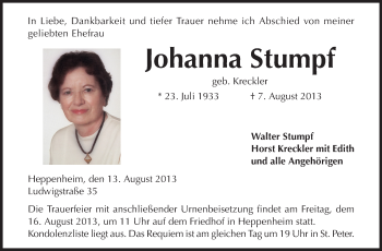 Traueranzeige von Johanna Stumpf von Starkenburger Echo