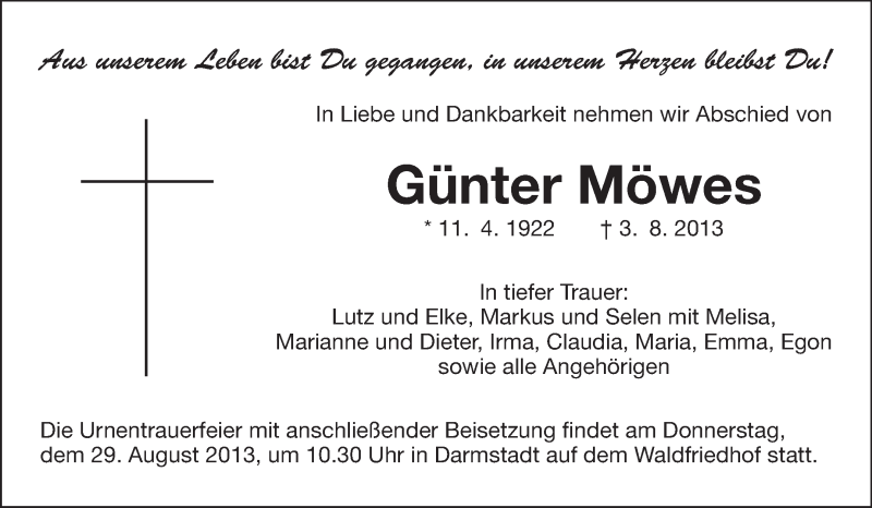  Traueranzeige für Günter Möwes vom 24.08.2013 aus Darmstädter Echo, Odenwälder Echo, Rüsselsheimer Echo, Groß-Gerauer-Echo, Ried Echo