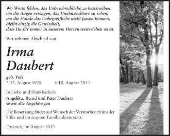 Traueranzeige von Irma Daubert von Rüsselsheimer Echo, Groß-Gerauer-Echo, Ried Echo