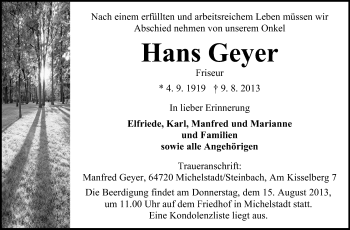 Traueranzeige von Hans Geyer von Odenwälder Echo