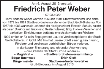 Traueranzeige von Friedrich Peter Weber von Echo-Zeitungen (Gesamtausgabe)