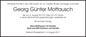 Traueranzeige von Georg Günter Mottausch von Rüsselsheimer Echo, Groß-Gerauer-Echo, Ried Echo