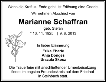 Traueranzeige von Marianne Schaffran von Odenwälder Echo