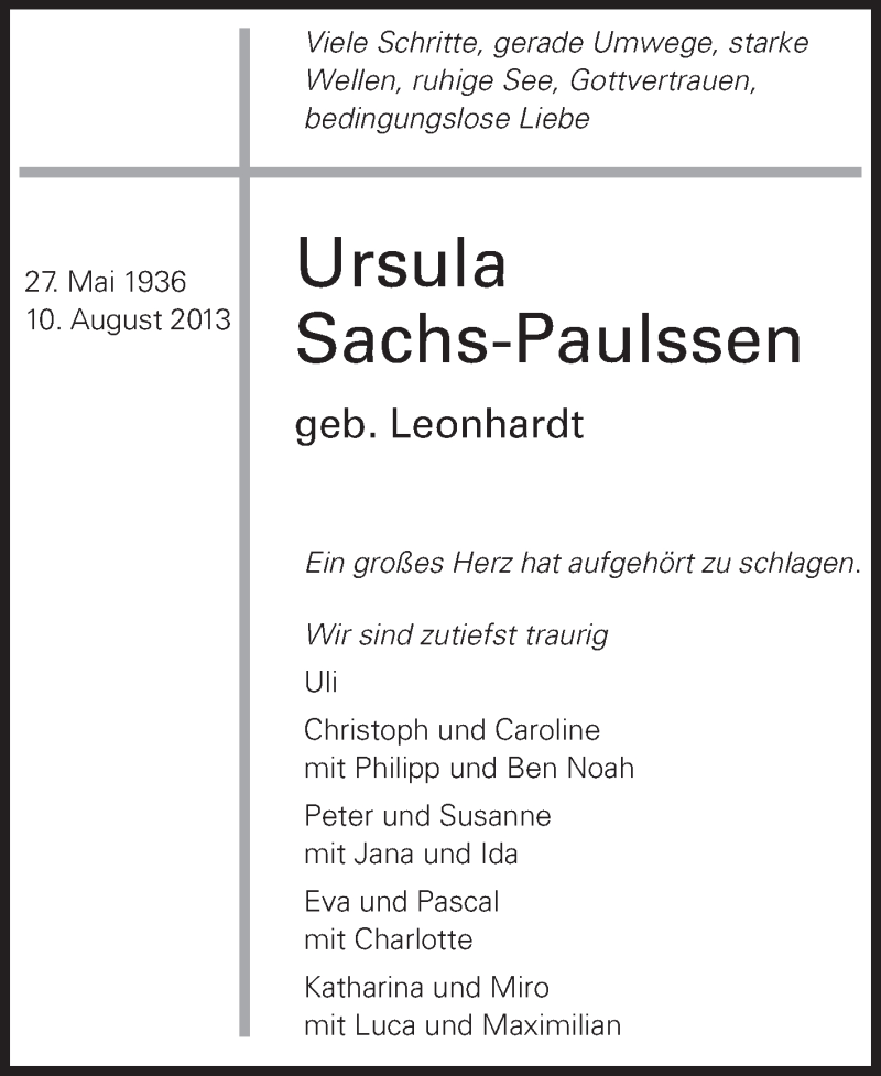  Traueranzeige für Ursula Sachs-Paulssen vom 17.08.2013 aus Echo-Zeitungen (Gesamtausgabe)