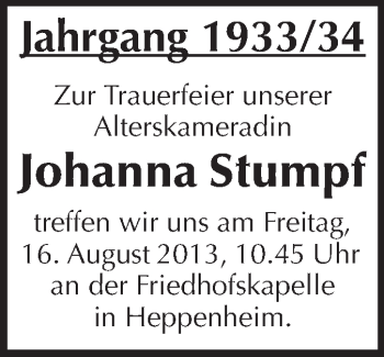 Traueranzeige von Johanna Stumpf von Starkenburger Echo