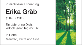 Traueranzeige von Erika Gräb von Darmstädter Echo, Odenwälder Echo, Rüsselsheimer Echo, Groß-Gerauer-Echo, Ried Echo
