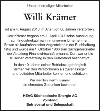 Traueranzeige von Willi Krämer von Echo-Zeitungen (Gesamtausgabe)