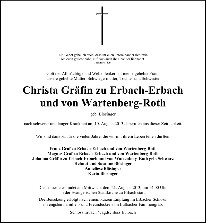  Traueranzeige für Christa Gräfin zu Erbach-Erbach vom 14.08.2013 aus Odenwälder Echo