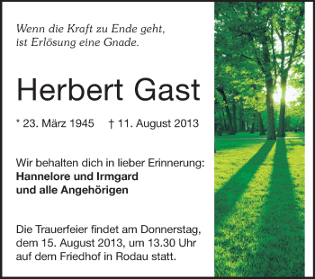 Traueranzeige von Herbert Gast von Echo-Zeitungen (Gesamtausgabe)