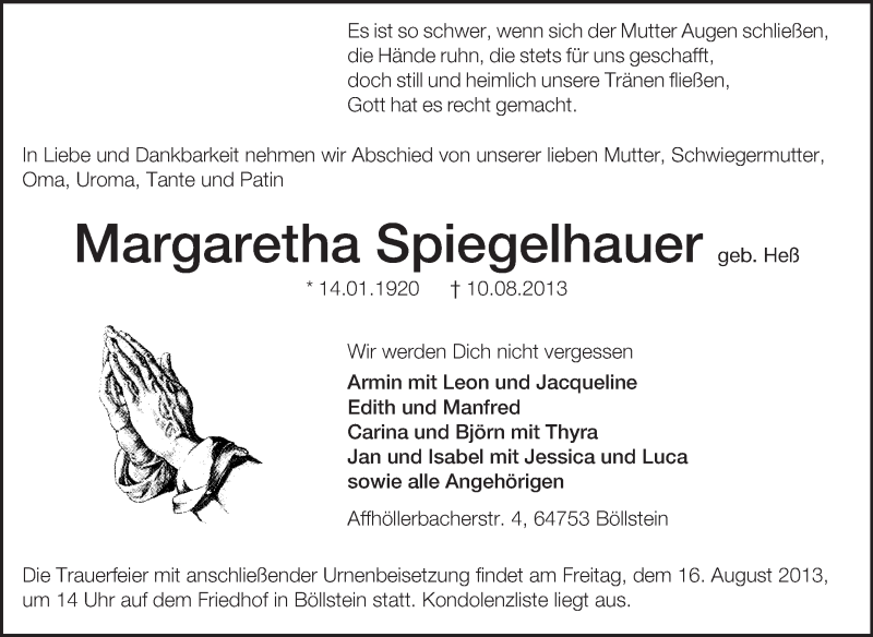  Traueranzeige für Margaretha Spiegelhauer vom 14.08.2013 aus Odenwälder Echo