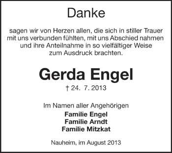 Traueranzeige von Gerda Engel von Rüsselsheimer Echo, Groß-Gerauer-Echo, Ried Echo