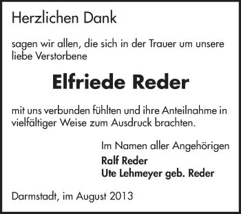 Traueranzeige von Elfriede Reder von Echo-Zeitungen (Gesamtausgabe)