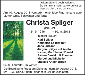 Traueranzeige von Christa Spilger von Echo-Zeitungen (Gesamtausgabe)