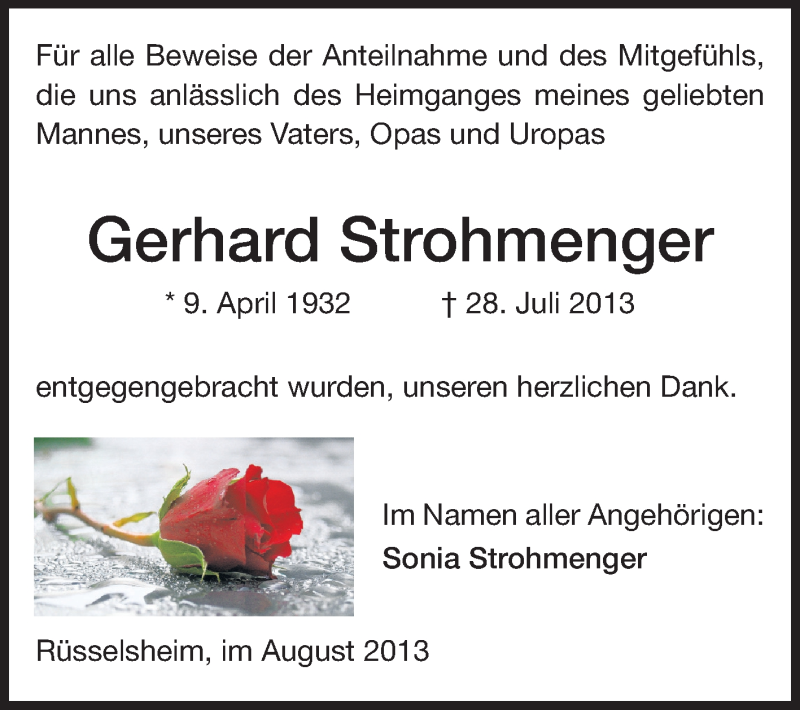  Traueranzeige für Gerhard Strohmenger vom 17.08.2013 aus Rüsselsheimer Echo, Groß-Gerauer-Echo, Ried Echo