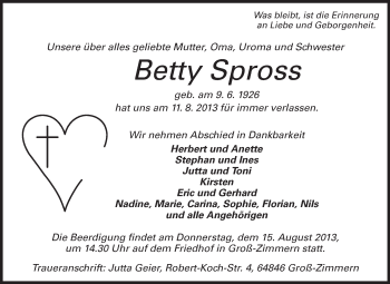 Traueranzeige von Betty Spross von Echo-Zeitungen (Gesamtausgabe)