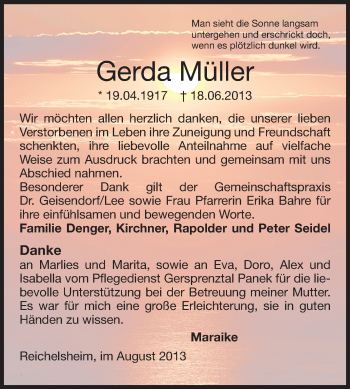 Traueranzeige von Gerda Müller von Echo-Zeitungen (Gesamtausgabe)