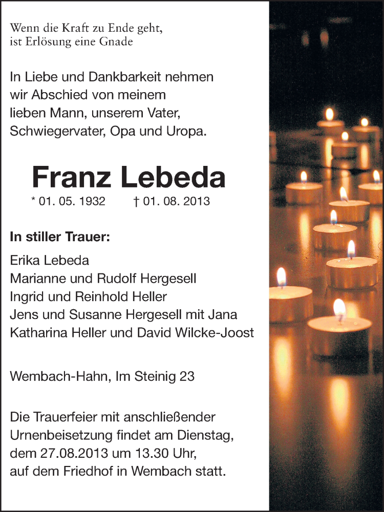  Traueranzeige für Franz Lebeda vom 24.08.2013 aus Echo-Zeitungen (Gesamtausgabe)