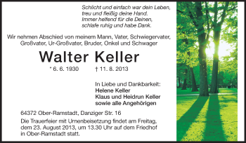 Traueranzeige von Walter Keller von Darmstädter Echo, Odenwälder Echo, Rüsselsheimer Echo, Groß-Gerauer-Echo, Ried Echo