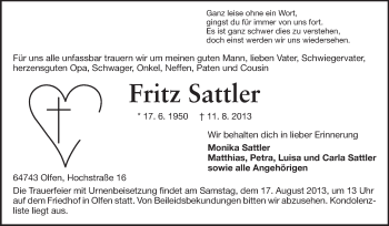 Traueranzeige von Fritz Sattler von Odenwälder Echo