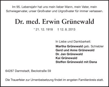 Traueranzeige von Erwin Grünewald von Echo-Zeitungen (Gesamtausgabe)