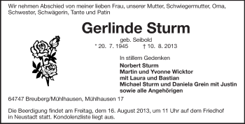Traueranzeige von Gerlinde Sturm von Odenwälder Echo