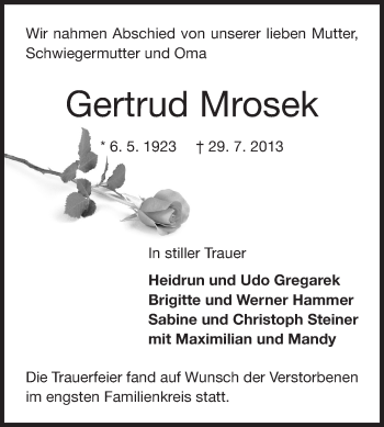 Traueranzeige von Gertrud Mrosek von Echo-Zeitungen (Gesamtausgabe)