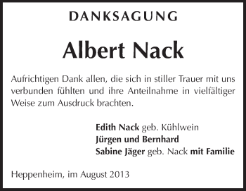 Traueranzeige von Albert Nack von Starkenburger Echo, Bergsträßer Anzeiger