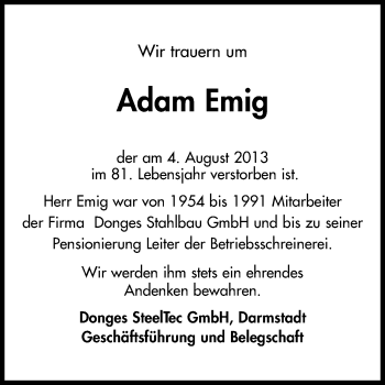 Traueranzeige von Adam Emig von Echo-Zeitungen (Gesamtausgabe)