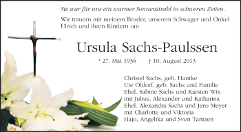 Traueranzeige von Ursula Sachs-Paulssen von Echo-Zeitungen (Gesamtausgabe)