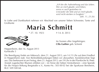 Traueranzeige von Maria Schmitt von Starkenburger Echo