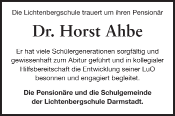Traueranzeige von Horst Ahbe von Echo-Zeitungen (Gesamtausgabe)