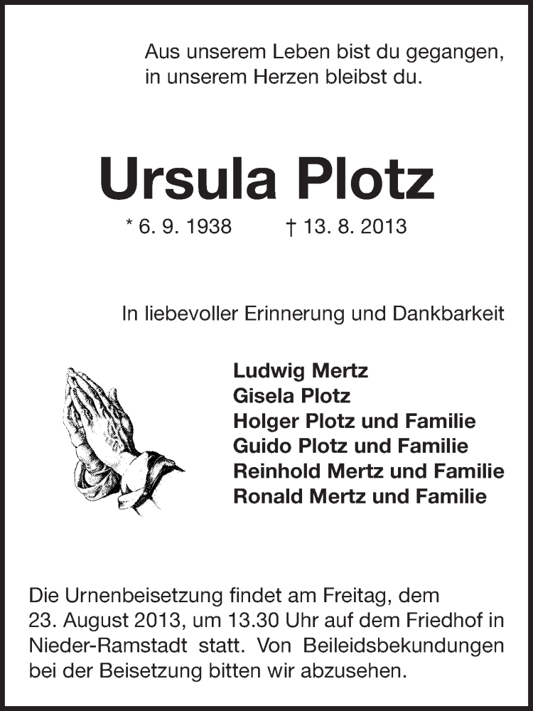  Traueranzeige für Ursula Plotz vom 20.08.2013 aus Echo-Zeitungen (Gesamtausgabe)