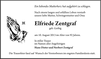 Traueranzeige von Elfriede Zentgraf von Rüsselsheimer Echo, Groß-Gerauer-Echo, Ried Echo