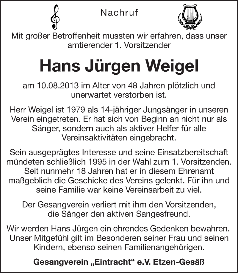  Traueranzeige für Hans Jürgen Weigel vom 17.08.2013 aus Odenwälder Echo