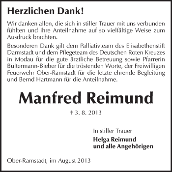 Traueranzeige von Manfred Reimund von Echo-Zeitungen (Gesamtausgabe)