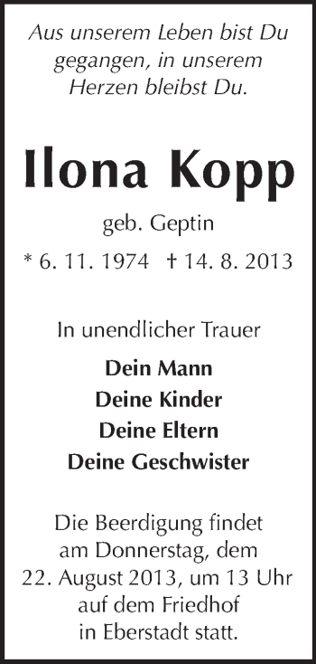 Traueranzeige von Ilona Kopp von Echo-Zeitungen (Gesamtausgabe)