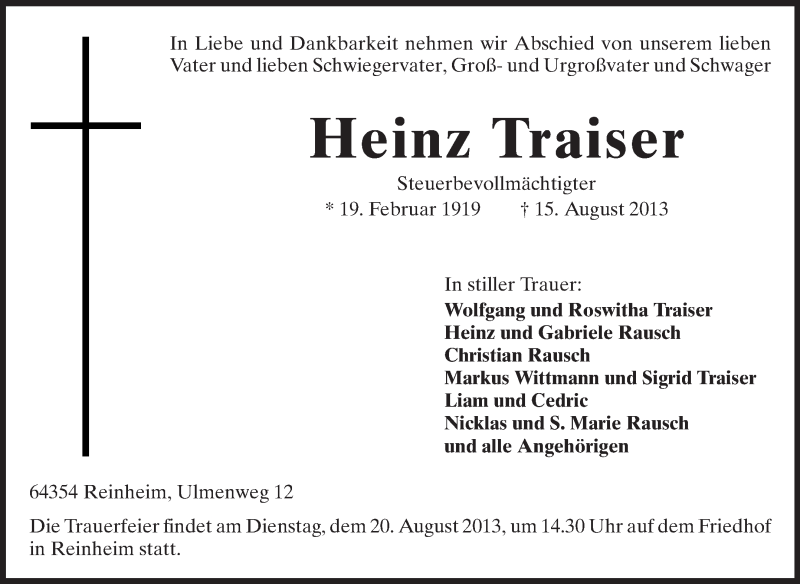  Traueranzeige für Heinz Traiser vom 17.08.2013 aus Darmstädter Echo, Odenwälder Echo, Rüsselsheimer Echo, Groß-Gerauer-Echo, Ried Echo