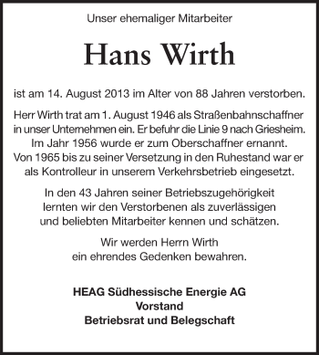 Traueranzeige von Hans Wirth von Echo-Zeitungen (Gesamtausgabe)