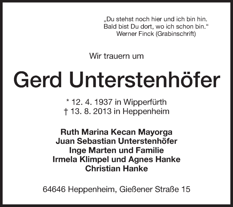 Traueranzeige für Gerd Unterstenhöfer vom 17.08.2013 aus Starkenburger Echo