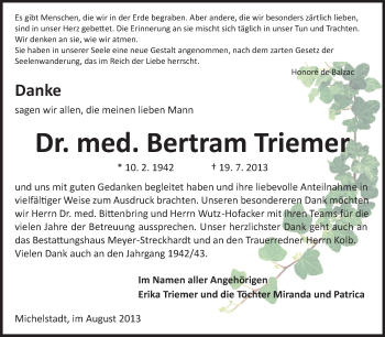 Traueranzeige von Bertram Triemer von Odenwälder Echo