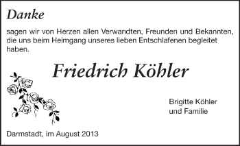 Traueranzeige von Friedrich Köhler von Echo-Zeitungen (Gesamtausgabe)