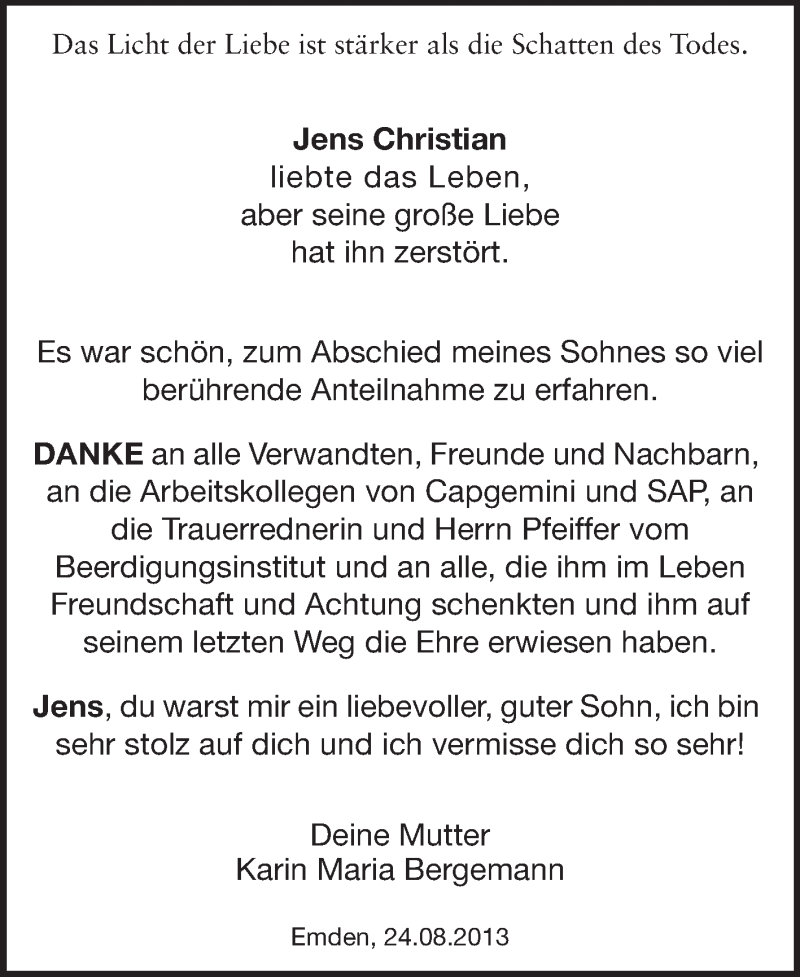  Traueranzeige für Jens Christian Bergemann vom 24.08.2013 aus Echo-Zeitungen (Gesamtausgabe)