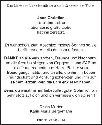 Traueranzeige von Jens Christian Bergemann von Echo-Zeitungen (Gesamtausgabe)