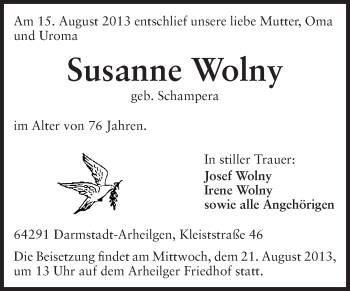 Traueranzeige von Susanne Wolny von Echo-Zeitungen (Gesamtausgabe)